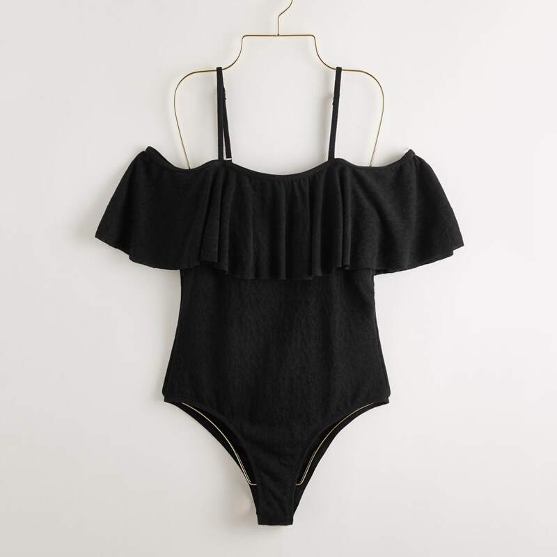 

Ruffle Trim One Piece Swimsuit, Black