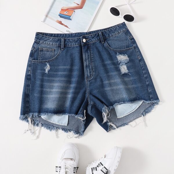 

Plus Ripped Raw Hem Denim Shorts, Medium wash