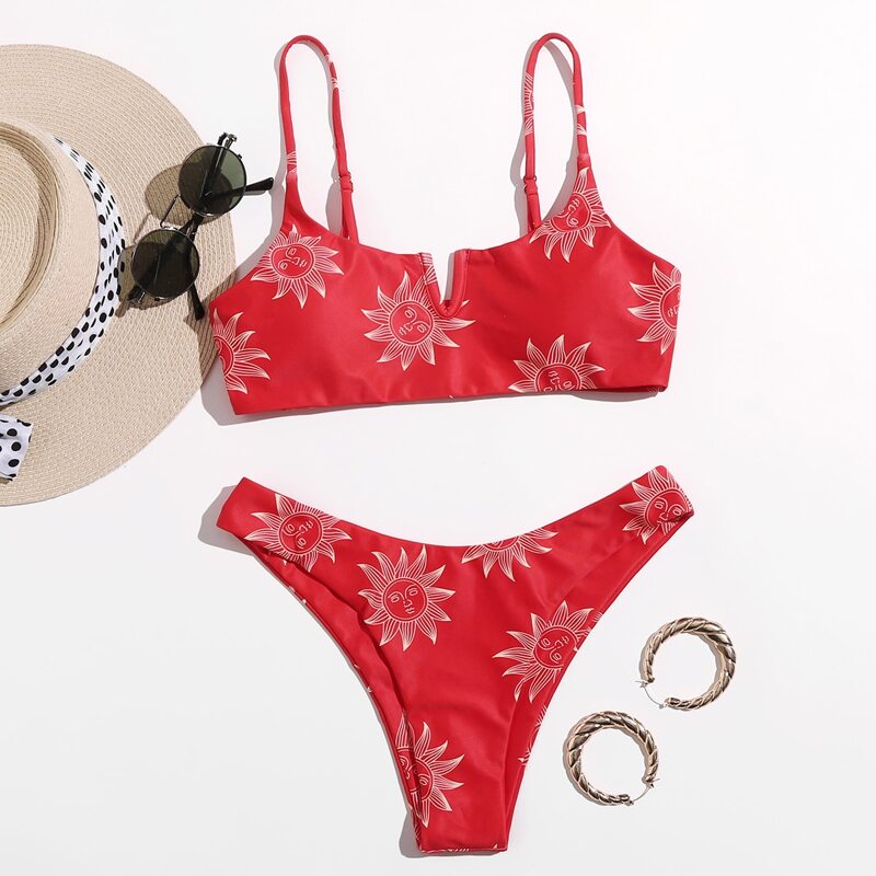 

Sun Print V Wired Bikini Swimsuit, Red