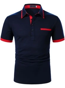 Manfinity Homme 男士拼接滾邊polo襯衫 - 藏蓝色 - 查看 4