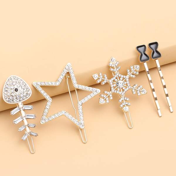 

5pcs Rhinestone Decor Hair Clip, Gold
