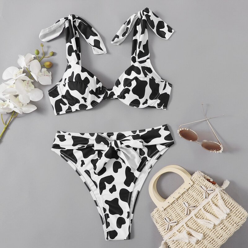 

Cow Print Tie Front Bikini Swimsuit, Black and white