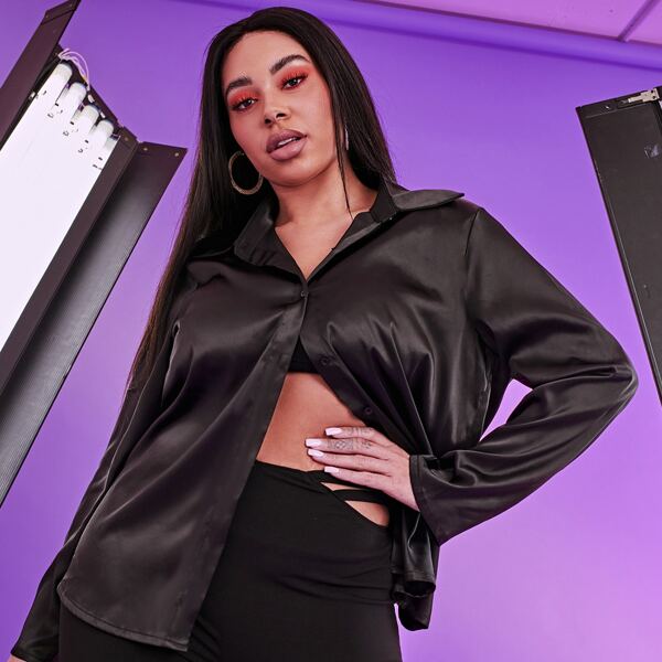 

Plus Button Placket Solid Satin Blouse, Black