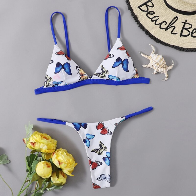 

Butterfly Print Thong Bikini Swimsuit, Multicolor