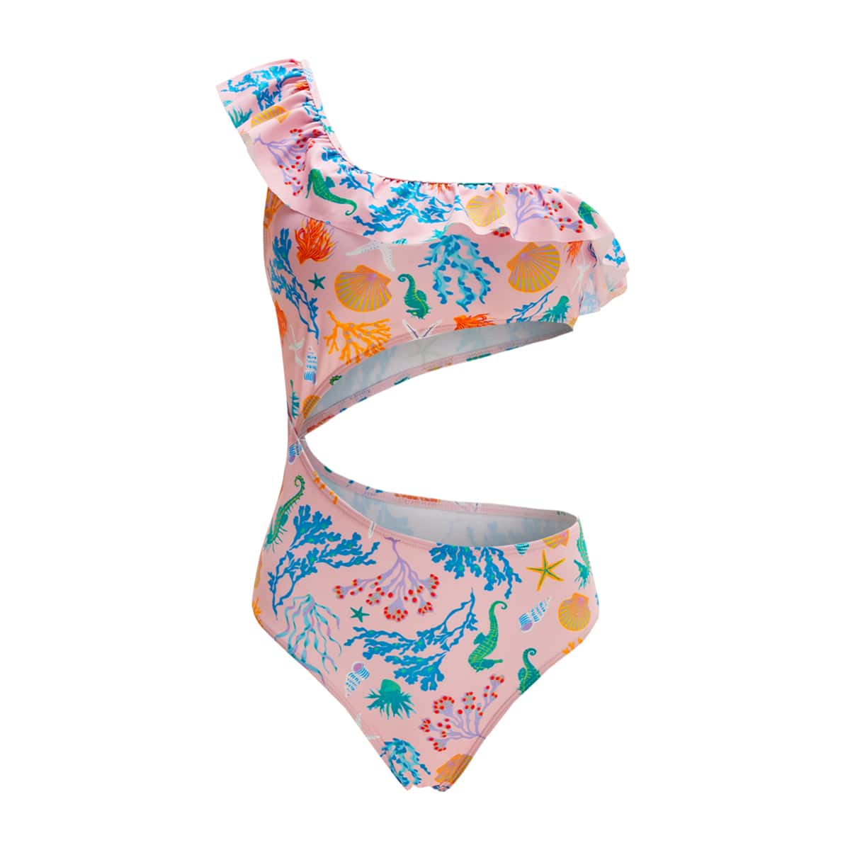 

Undersea Pattern Frill Trim One Piece Swimsuit, Pink
