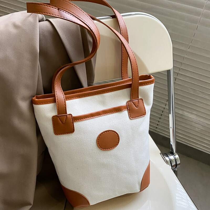 

Colorblock Strap Canvas Tote Bag, White