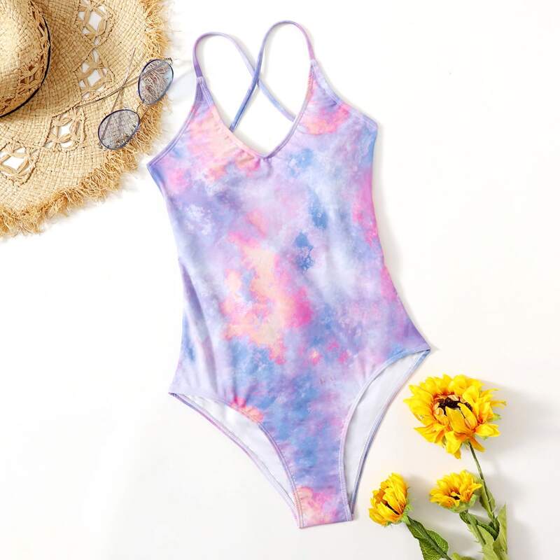 

Graphic Lace-up Back One Piece Swimsuit, Multicolor