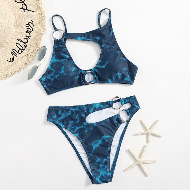 

Tie Dye O-ring Linked Cut-out Bikini Swimsuit, Multicolor