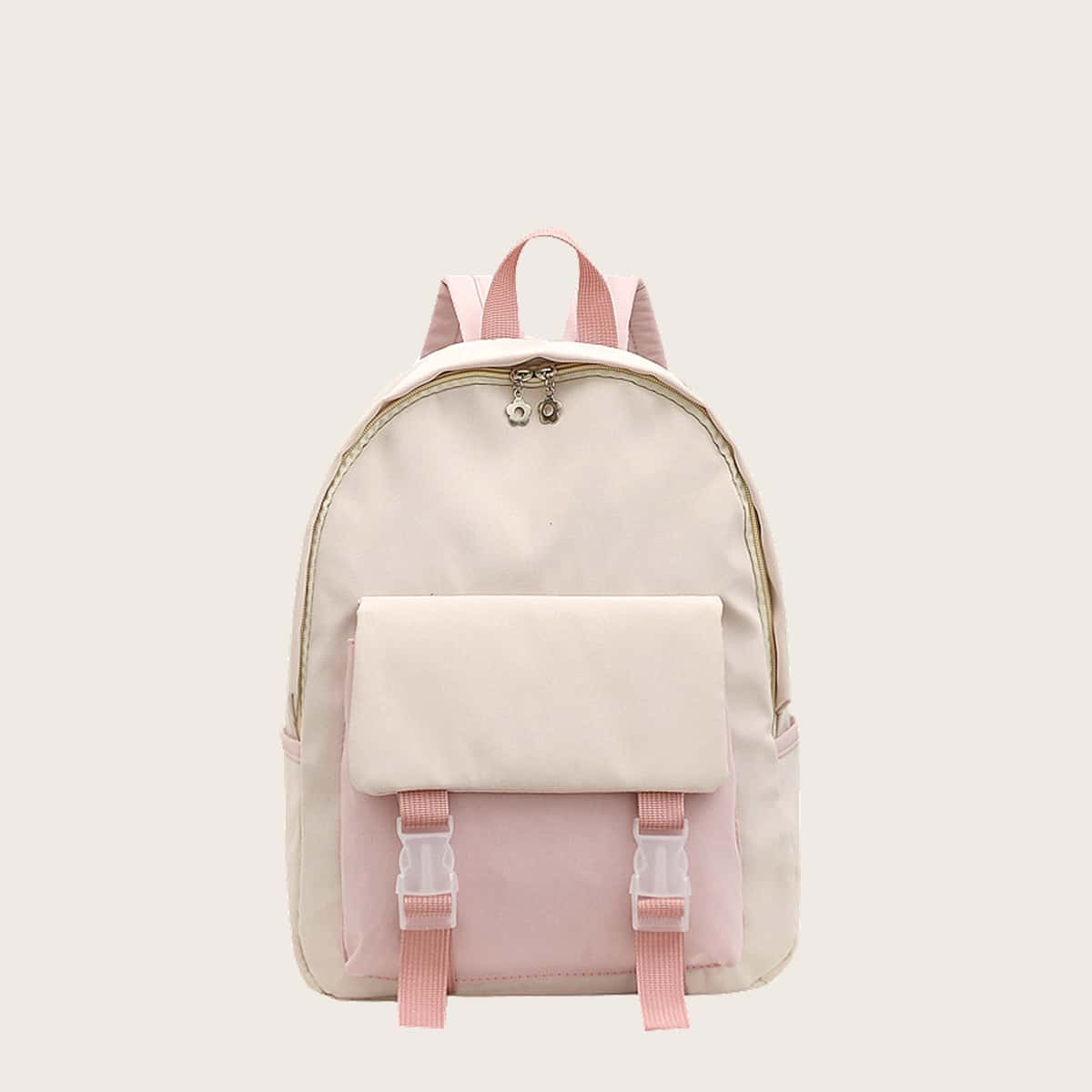 

Colorblock Buckle Zip Backpack, Beige