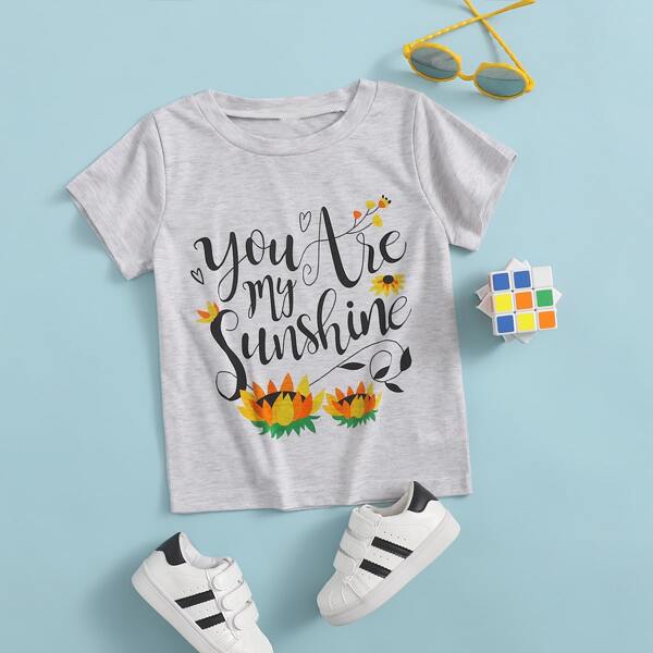 

Toddler Girls Floral & Slogan Graphic Tee, Grey