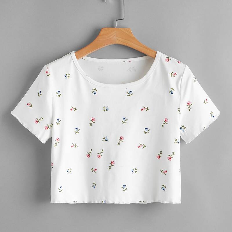 

Ditsy Flower Lettuce Trim Crop Tee, White