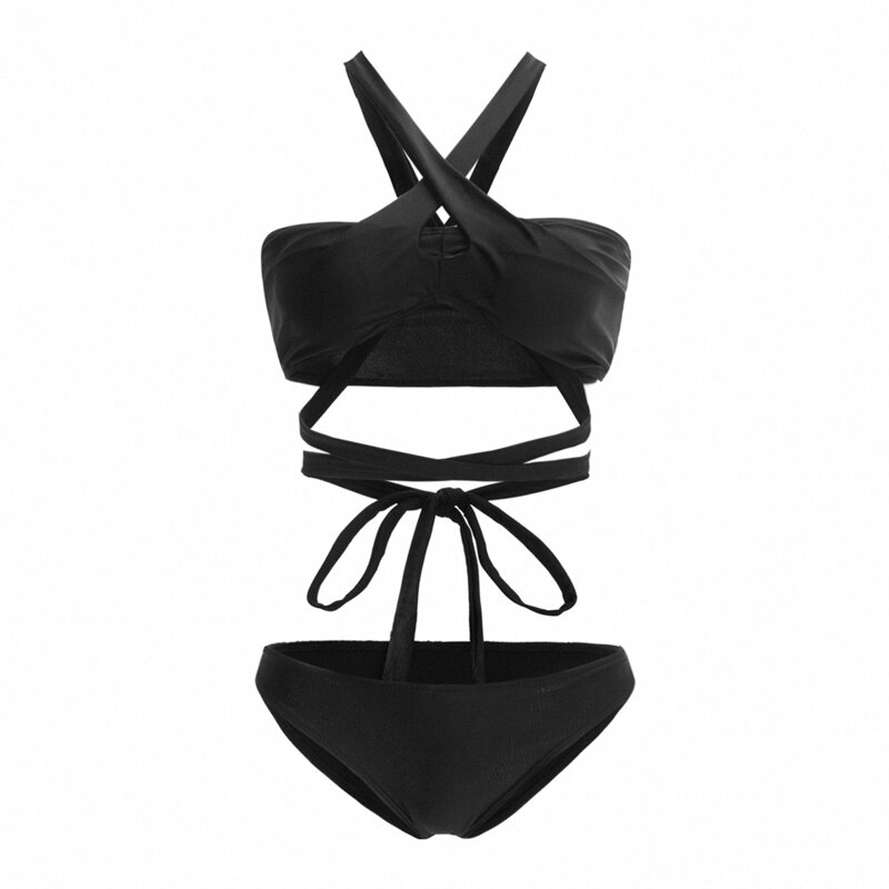 

Solid Criss Cross Bikini Swimsuit, Black