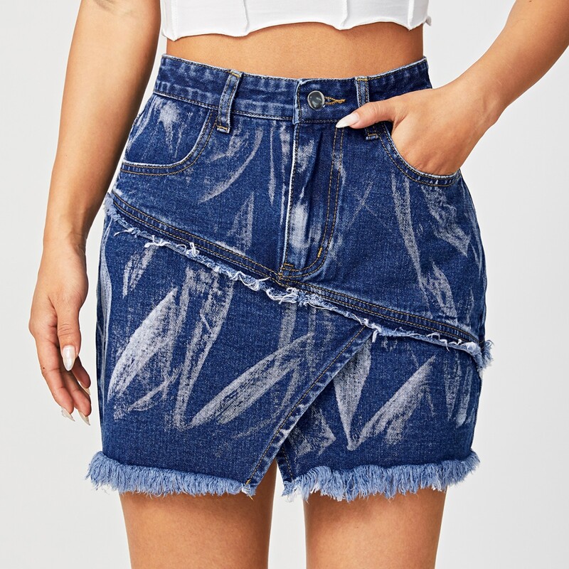 

Raw Hem Asymmetrical Denim Skirts, Dark wash