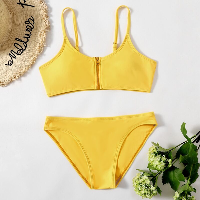 

Solid Zip Up Bikini Swimsuit, Mustard yellow