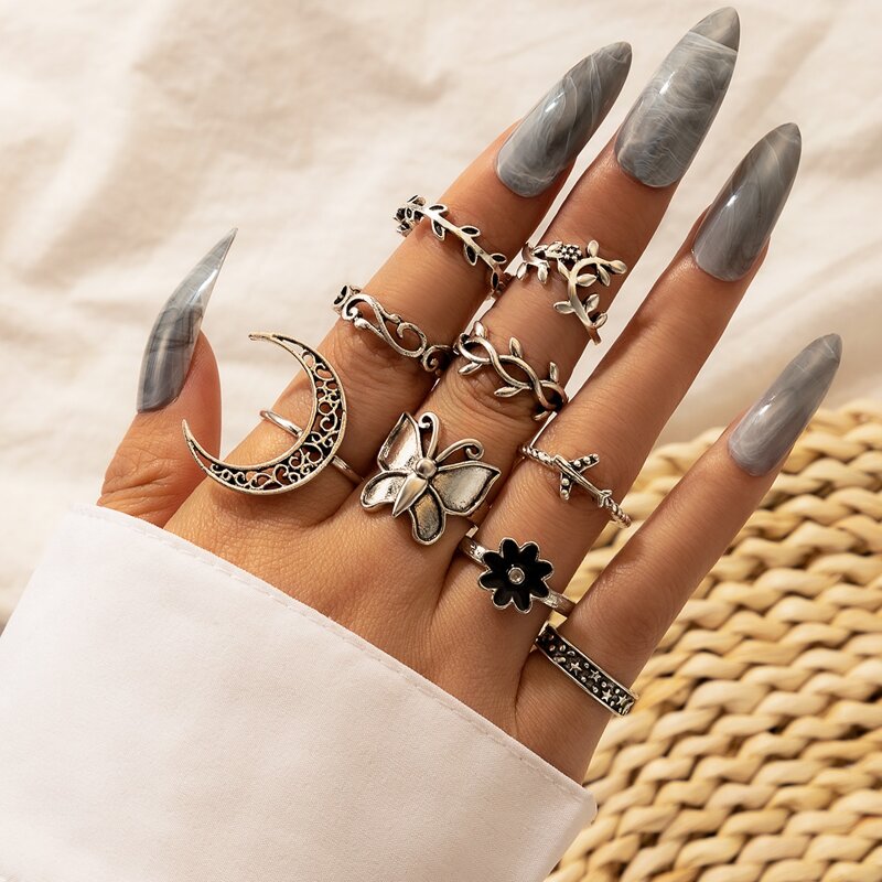 

9pcs Butterfly & Leaf Design Ring, Silver
