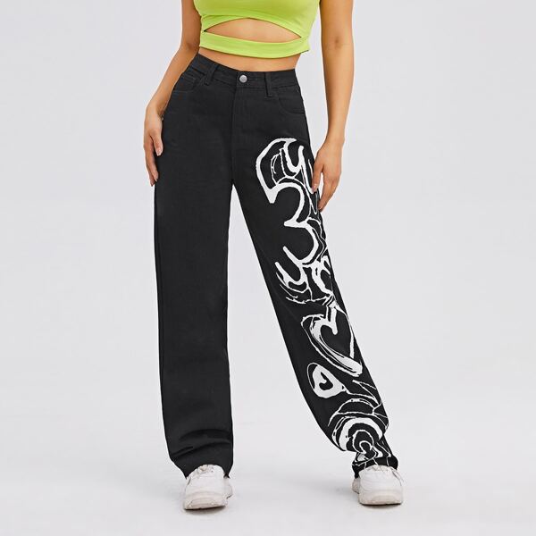 

High Waist Graphic Print Straight Jeans, Black