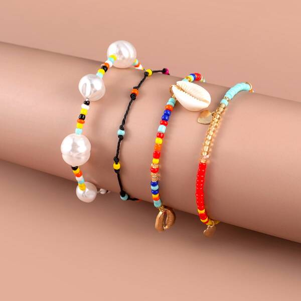 

4pcs Girls Shell Decor Beaded Bracelet, Multicolor