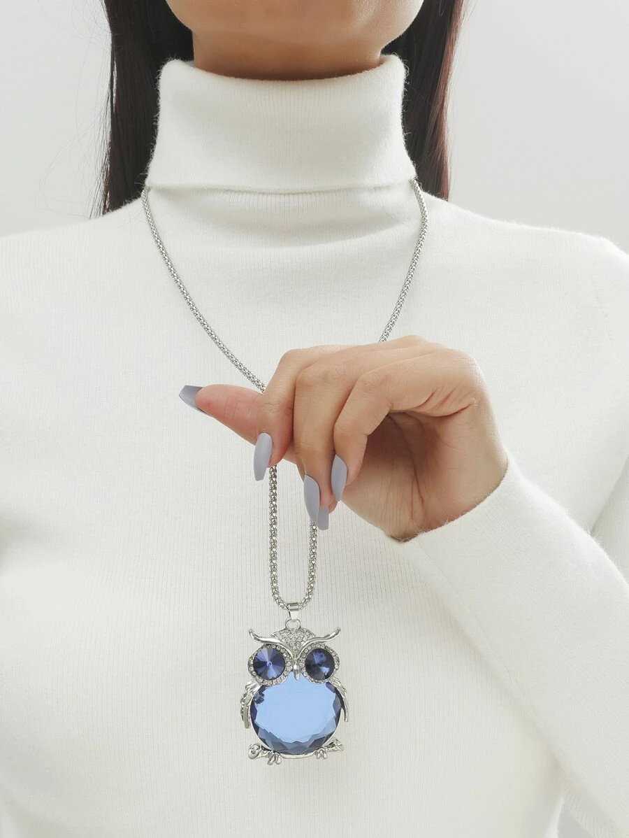 Owl Charm Necklace - Blue - View 1