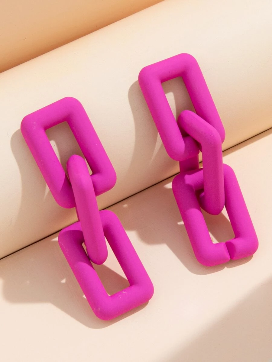 幾何扣環耳墜 - 玫紅色 - 查看 1