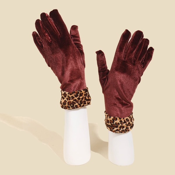 

Leopard Trim Velvet Gloves, Burgundy