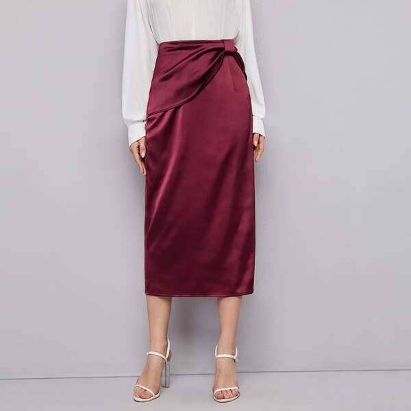 

Zipper Back Bow Detail Satin Skirt, Maroon