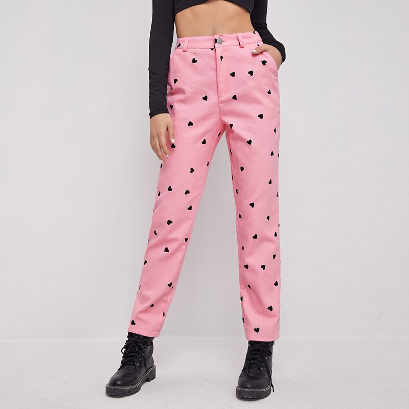

Zipper Fly Heart Print Pants, Baby pink