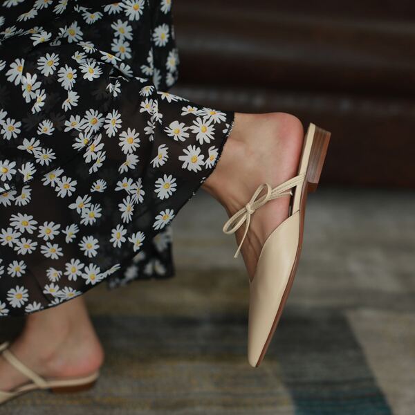 

Point Toe Bow Decor Leather Mules, Apricot