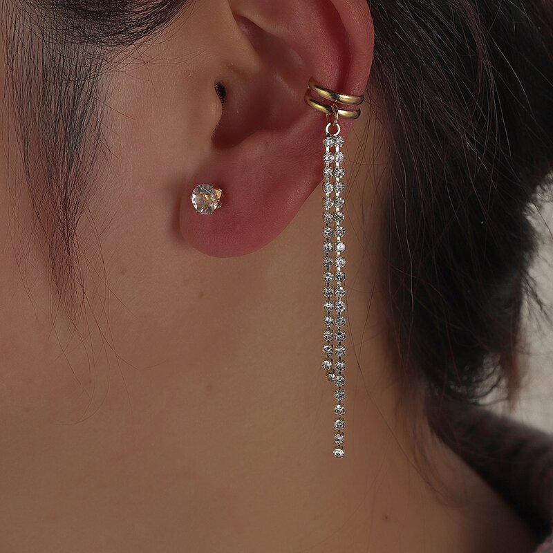 

2pcs Rhinestone Tassel Earring Set, Gold