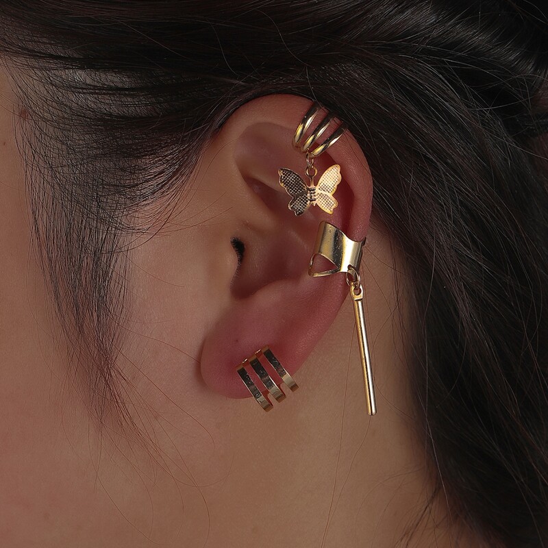 

3pcs Butterfly & Bar Charm Ear Cuff, Gold