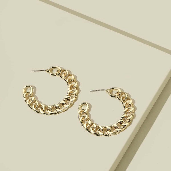 

Chain Design Open Hoop Earrings, Gold