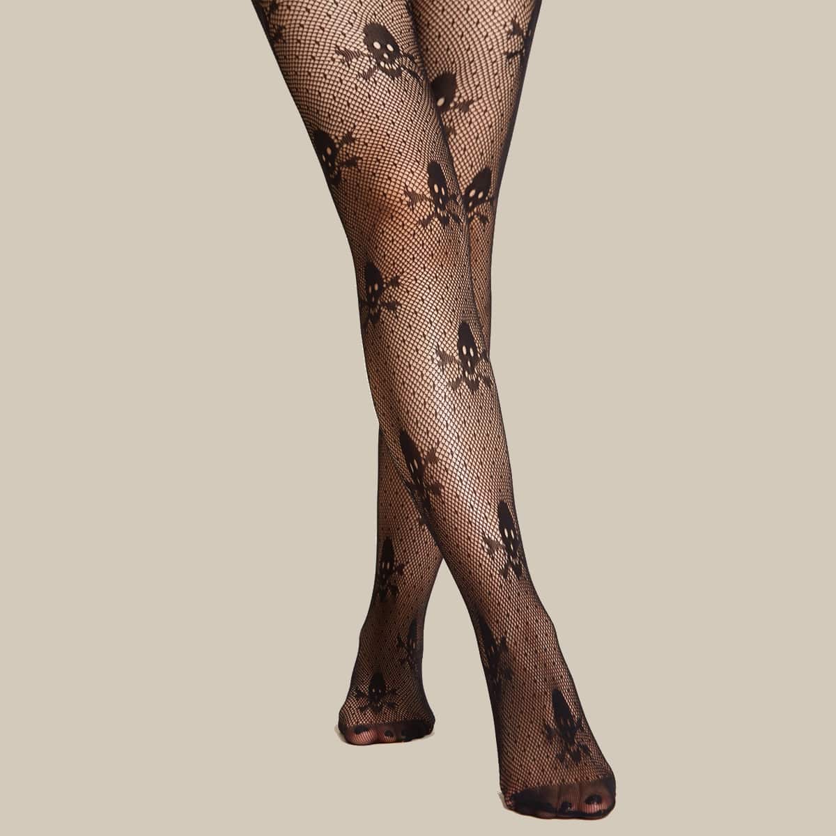 

Skull Print Mesh Pantyhose Stockings, Black