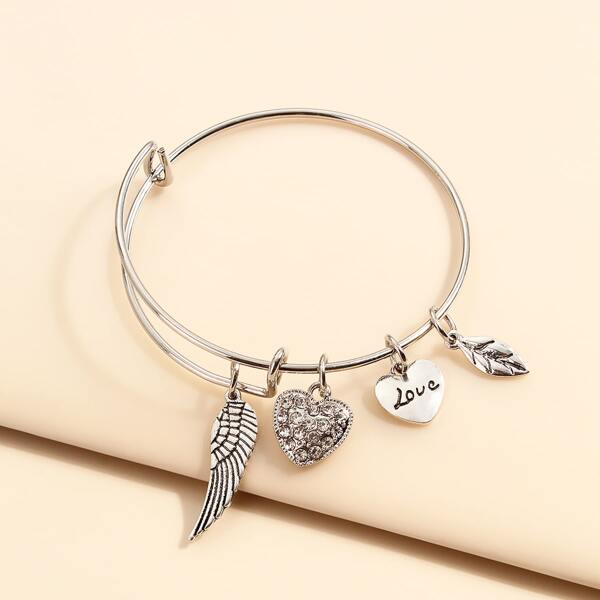 

Rhinestone Heart Charm Bangle, Silver