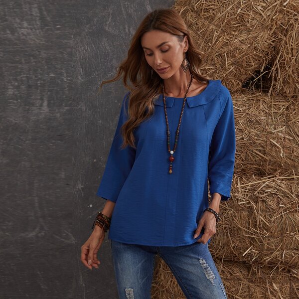 

Solid Peter Pan Collar Raglan Sleeve Blouse, Blue