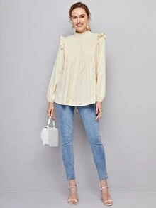 SHEIN Camisa con botón con fruncido de cuello con fruncido - Beis - Ver 3