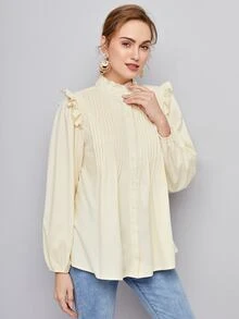 SHEIN Camisa con botón con fruncido de cuello con fruncido - Beis - Ver 4