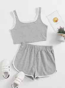 SHEIN 女孩拼接滾邊上衣和海豚短褲套裝 - 淺灰色 - 查看 1
