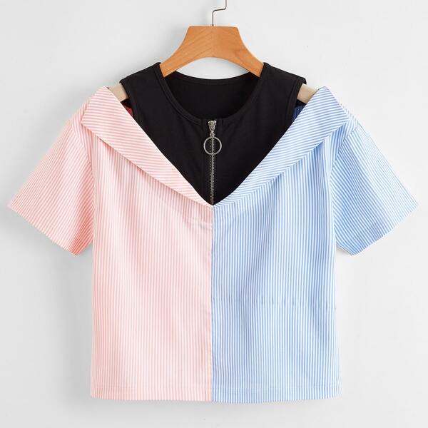 

2 In 1 Striped Print Half Zipper Blouse, Multicolor
