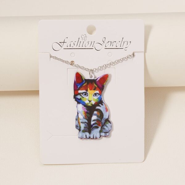 

Cartoon Cat Charm Necklace, Multicolor