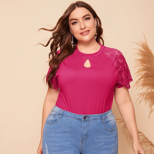 

Plus Keyhole Neck Lace Raglan Sleeve Top, Hot pink