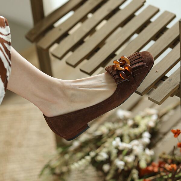 

Chain & Fringe Decor Leather Flats, Coffee brown