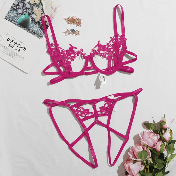 

Lace Appliques Underwire Crotchless Lingerie Set, Hot pink