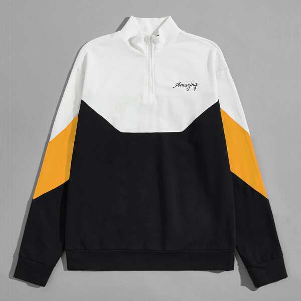 

Men Letter Embroidery Colorblock Chevron Pullover, Multicolor