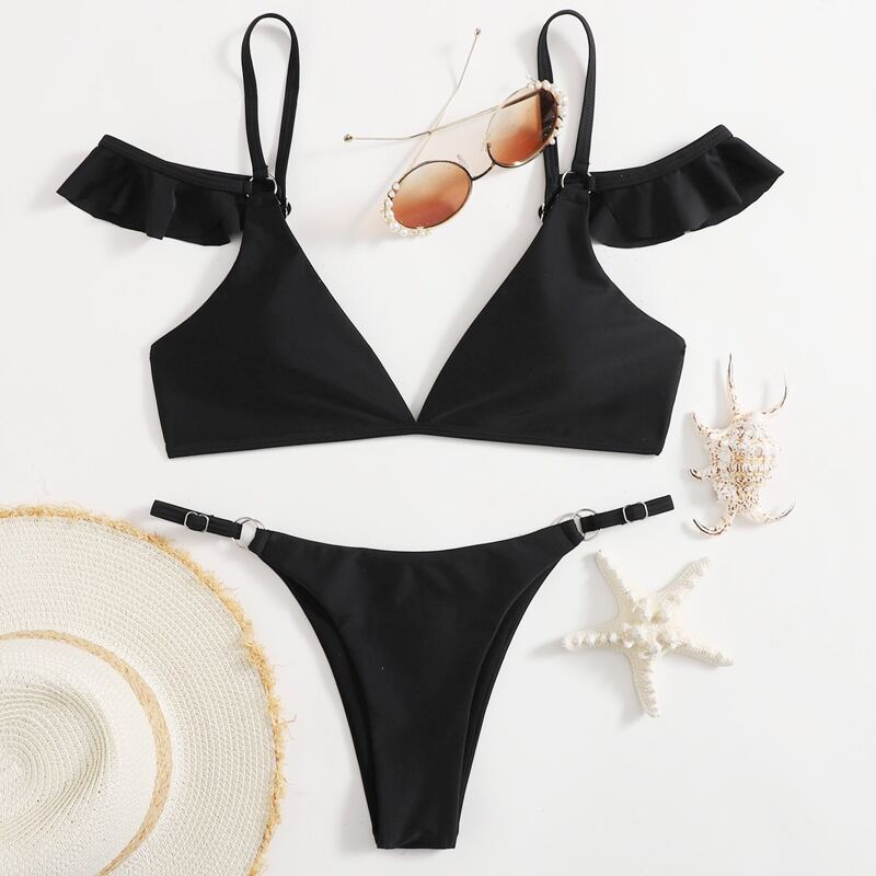 

Ruffle Triangle Bikini Swimsuit, Black