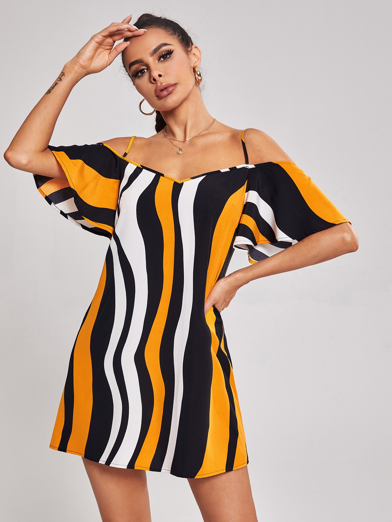 Cold Shoulder Wave Striped Dress thumbnail