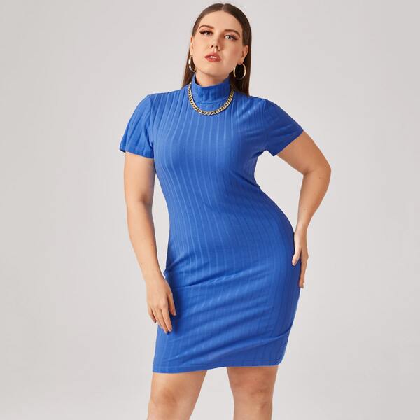 

Plus Mock Neck Rib-knit Bodycon Dress, Blue
