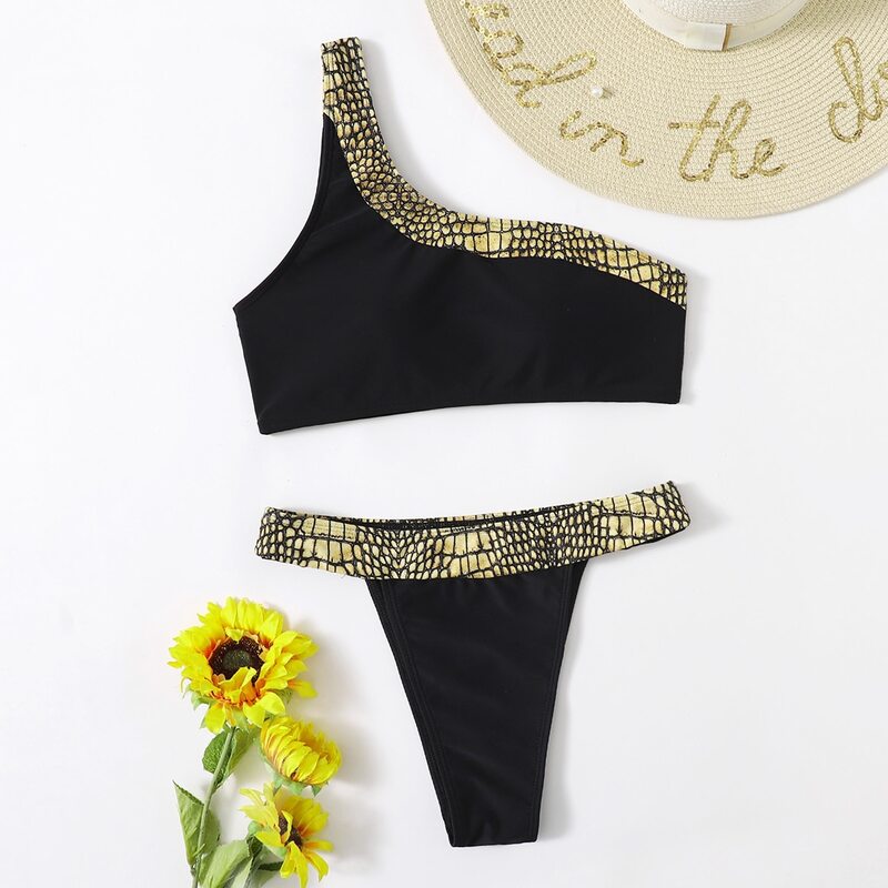 

Contrast Snakeskin Binding One Shoulder Bikini Swimsuit, Black