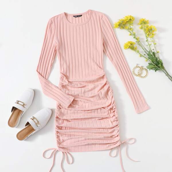 

Drawstring Ruched Side Bodycon Dress, Coral pink