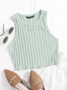 SHEIN EZwear Lettuce Trim Rib-knit Tank Top - Mint Green - View 1