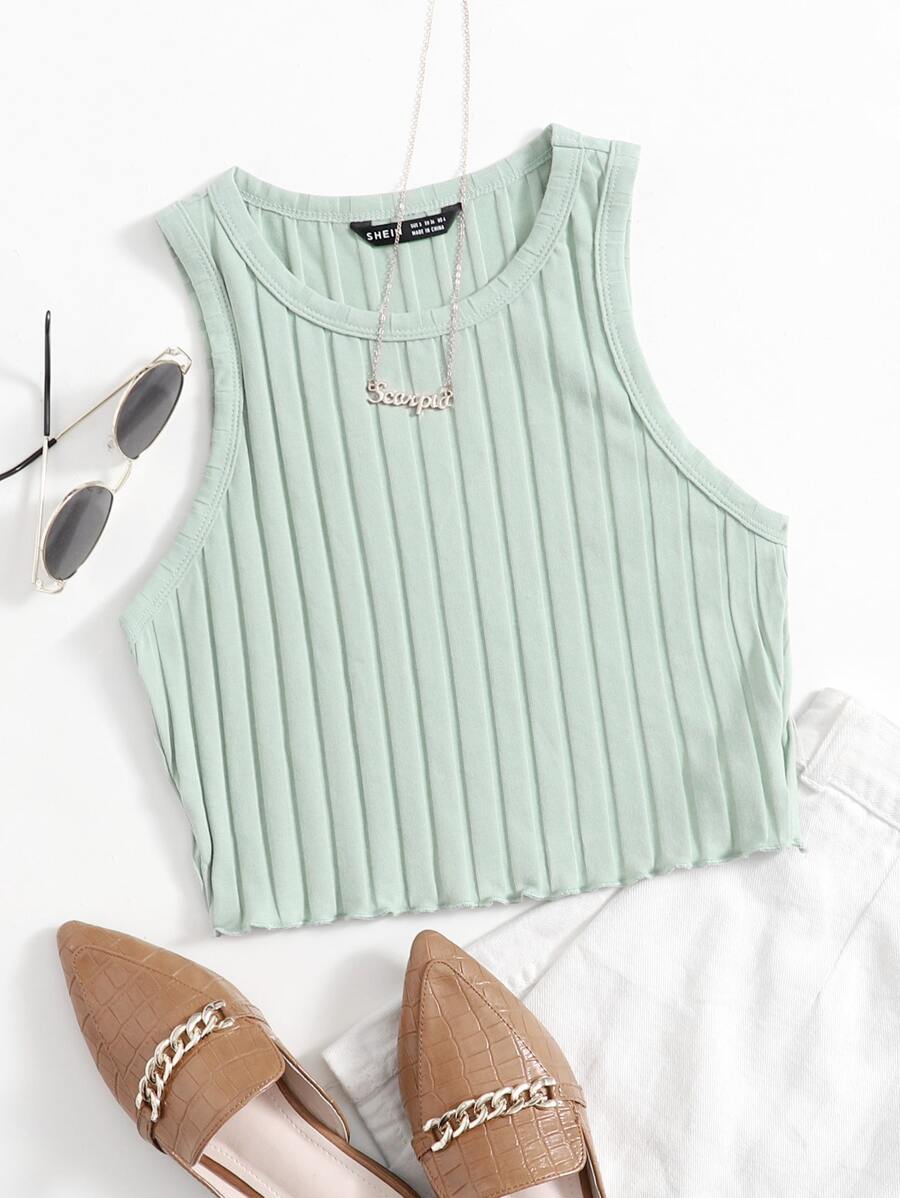 SHEIN EZwear Lettuce Trim Rib-knit Tank Top - Mint Green - View 1