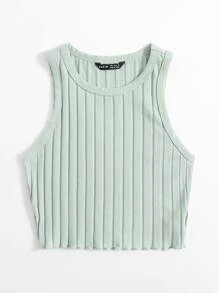 SHEIN EZwear Lettuce Trim Rib-knit Tank Top - Mint Green - View 3